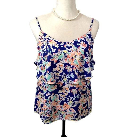 Skies Are Blue Woman Top Ruffle Blue Floral Spaghetti Strap no size tag (S) - Picture 1 of 8